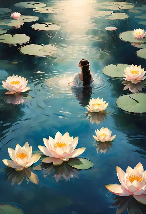 (best quality,4k,8k,highres,masterpiece:1.2),ultra-detailed,(realistic,photorealistic,photo-realistic:1.37),a girl by the pond,dusk lighting,serene atmosphere,ripples in the water,magical mist,faint reflections,peaceful ambiance,natural colors,long flowing...