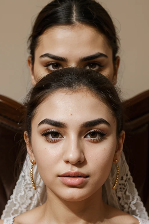 azerbaijani girl, original face lines, sharp face lines, big eyebrows, point on the cheek, big nose, wide lips,  close up
