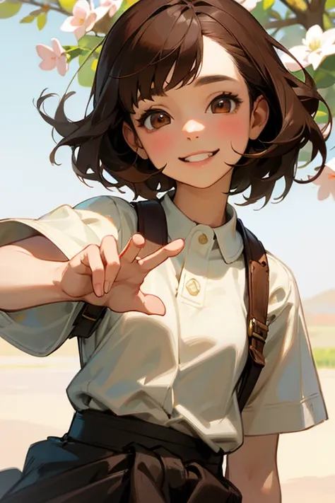 highest quality, work, (realistic: 1,2), 1 girl, brown hair, brown eyes, front, detailed face, beautiful eyes、smile gently、toothy smile、Spring clothes、from the waist up、