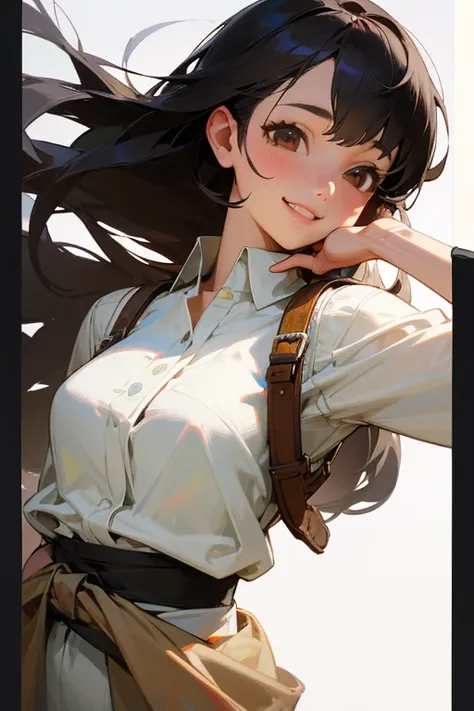 highest quality, work, (realistic: 1,2), 1 girl, black hair、brown eyes, front, detailed face, beautiful eyes、smile gently、toothy smile、Spring clothes、from the waist up、