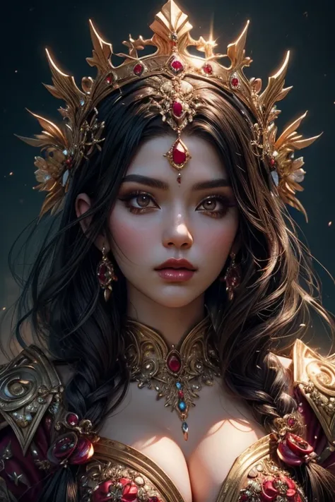 ((best quality)), ((masterpiece)), (detailed), person wearing costume, (Behance contest winner:1.2), fantasy art, crown of giant rubies, 3D goddess portrait, style of Ross Tran, captivating lighting, 8k resolution, striking facial expression, (elaborate co...