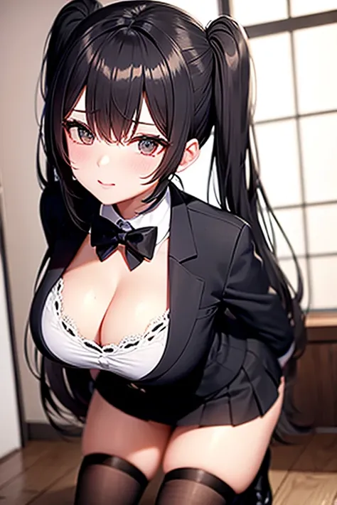 black rabbit girl uniform, short skirt, big breasts , white silk stocking , projecting the breasts , sexy, cleavage, kneeling