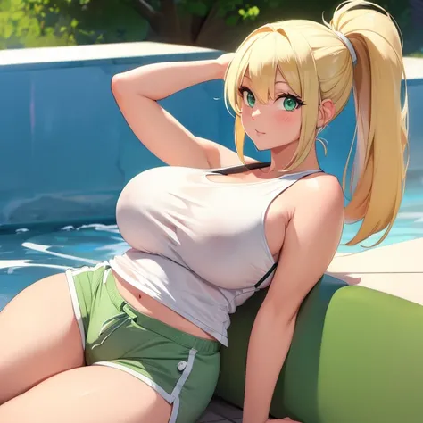 Blonde girl, high pony tail, green eyes, white tank top, botty shorts, huge breast, hyper anime, solo female, side bang