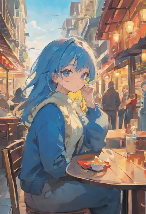 blue sky、bright、（Retro painting style）,（rough drawing style）,（Japanese anime style）,（simple figure drawing）（outdoor cafe in the distance）（a cafe）（The figure is far away）blue skyが見える、sunny、lots of people、（sit on a chair）（drinking coffee）、（long hair、woman we...