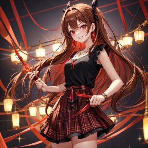 reddish-brown golden hair、red eyes、one good looking girl、solo、anime、plaid mini skirt、black camisole、black t-shirt、dress、wearing a ribbon、ribbon at waist、crystal earrings、jewelry necklace、Light and shadow、tilting one&#39;s face、teeth are visible、pillar、torc...