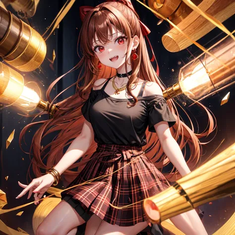 reddish-brown golden hair、red eyes、one good looking girl、solo、anime、plaid mini skirt、black camisole、black t-shirt、dress、wearing a ribbon、ribbon at waist、crystal earrings、jewelry necklace、Light and shadow、tilting one&#39;s face、teeth are visible、pillar、torc...