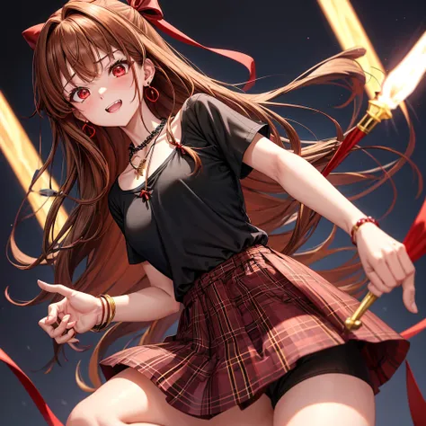 reddish-brown golden hair、red eyes、one good looking girl、solo、anime、plaid mini skirt、black camisole、black t-shirt、dress、wearing a ribbon、ribbon at waist、crystal earrings、jewelry necklace、Light and shadow、tilting one&#39;s face、teeth are visible、pillar、torc...