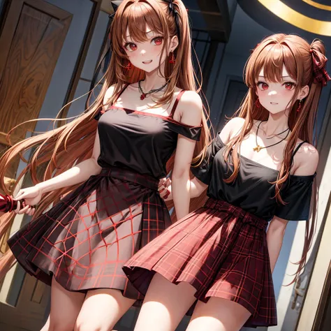 reddish-brown golden hair、red eyes、one good looking girl、solo、anime、plaid mini skirt、black camisole、black t-shirt、dress、wearing a ribbon、ribbon at waist、crystal earrings、jewelry necklace、Light and shadow、tilting one&#39;s face、teeth are visible、pillar、torc...