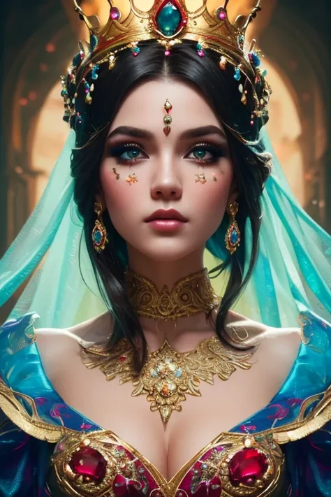 ((best quality)), ((masterpiece)), (detailed), person wearing costume, (Behance contest winner:1.2), fantasy art, crown of giant rubies, 3D goddess portrait, style of Ross Tran, captivating lighting, 8k resolution, striking facial expression, (elaborate co...