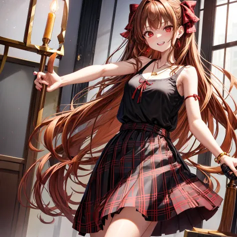 reddish-brown golden hair、red eyes、one good looking girl、solo、anime、plaid mini skirt、black camisole、black t-shirt、dress、wearing a ribbon、ribbon at waist、crystal earrings、jewelry necklace、Light and shadow、tilting one&#39;s face、teeth are visible、pillar、torc...