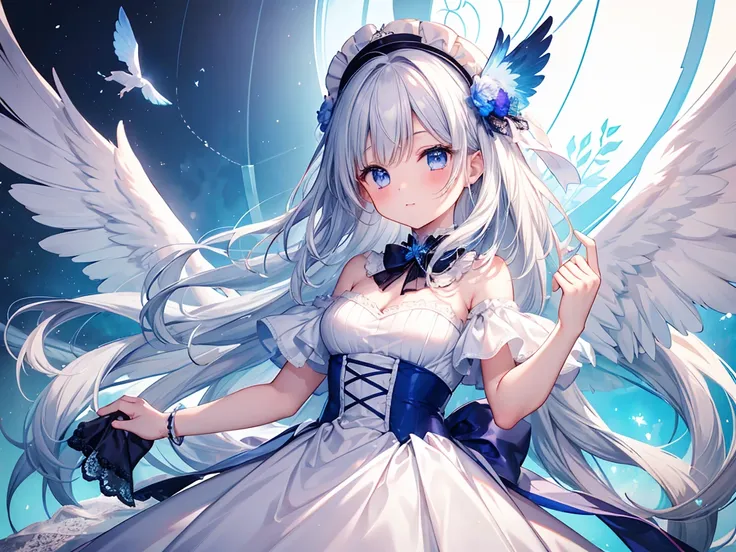 ((highest quality)), ((masterpiece)), (be familiar with), perfect face, girl with white wings, cute, blue-purple long hair, blue...