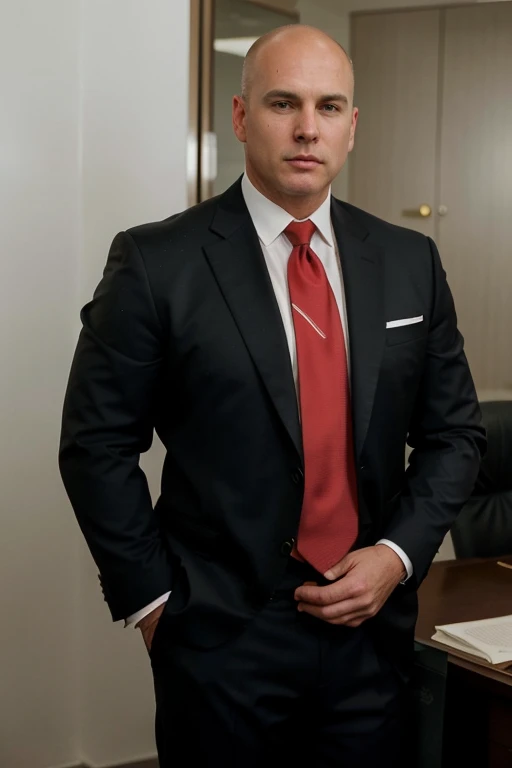 A 59-year-old, masculine, virile, wealthy, tall, stocky male lawyer, white, short hair, bald on the crown, no facial hair, in a dark suit and red tie, at his office, full body picture