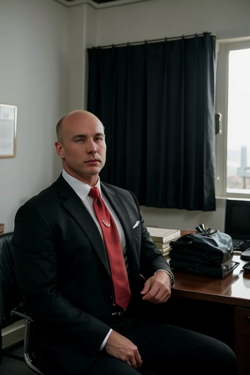 A 59-year-old, masculine, virile, wealthy, tall, stocky male lawyer, white, short hair, bald on the crown, no facial hair, in a dark suit and red tie, at his office, full body picture