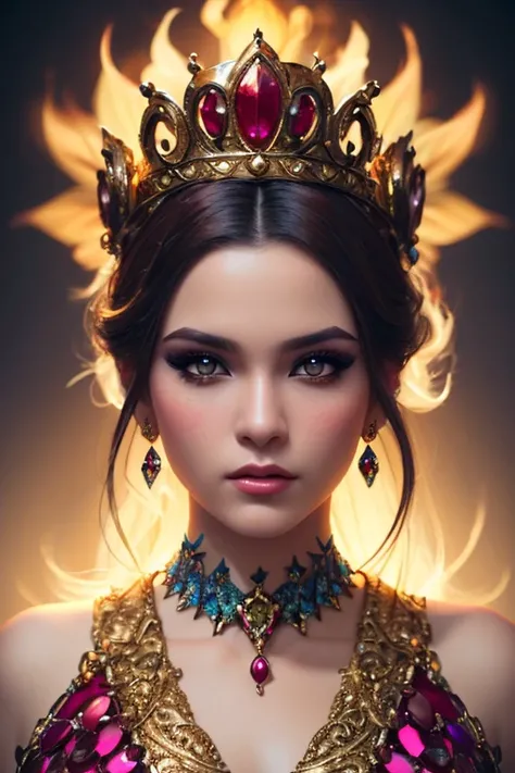 ((best quality)), ((masterpiece)), (detailed), person wearing costume, (Behance contest winner:1.2), fantasy art, crown of giant rubies, 3D goddess portrait, style of Ross Tran, captivating lighting, 8k resolution, striking facial expression, (elaborate co...