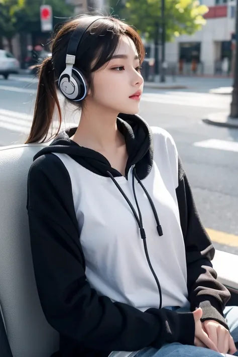 1girl, headphone, listen to music