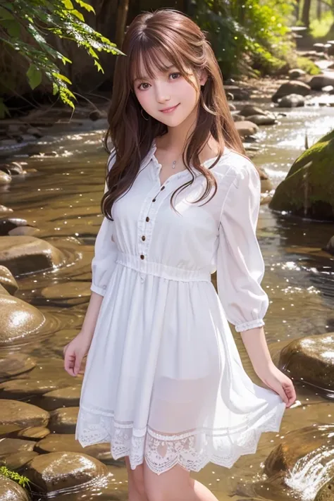  highest quality、Super detailed,、finely、High resolution、detailed and beautiful eyes、long hair、brunette hair、Standing in the creek、19 year old beauty、Full body photo、cute smile、face light、Spring-like dress