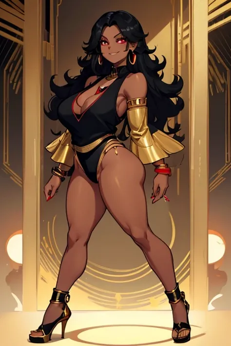 female, black long hair, red eyes, dark skin, (((1girl))), (((black tank top with gold trim))), (gold bracelets), (black detached sleeves with gold trim), (black pants with gold trim), (gold heels), cute and sexy, huge breasts, huge butt, full body, long l...