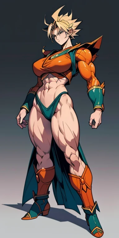 goku, Full body, Huge legsbeautiful face, serious face, blonder hair, super Sayajin, big green eyes, perfect body, fit body, abs, gigantic breasts, muscular, black and red armor, 