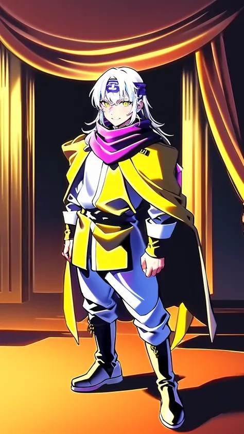 silver hair, long hair, yellow eyes, bandana, militari uniform, cape, tall,scarf, full body, flipflops, 1boy, boots,