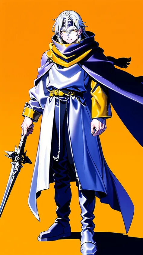 silver hair, long hair, yellow eyes, bandana, militari uniform, cape, tall,scarf, full body, flipflops, 1boy, boots,