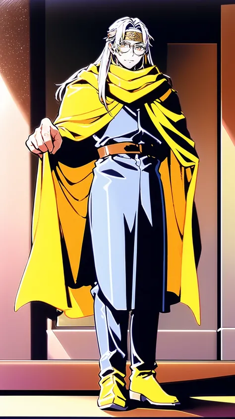 silver hair, long hair, yellow eyes, bandana, militari uniform, cape, tall,scarf, full body, flipflops, 1boy, boots,glasses