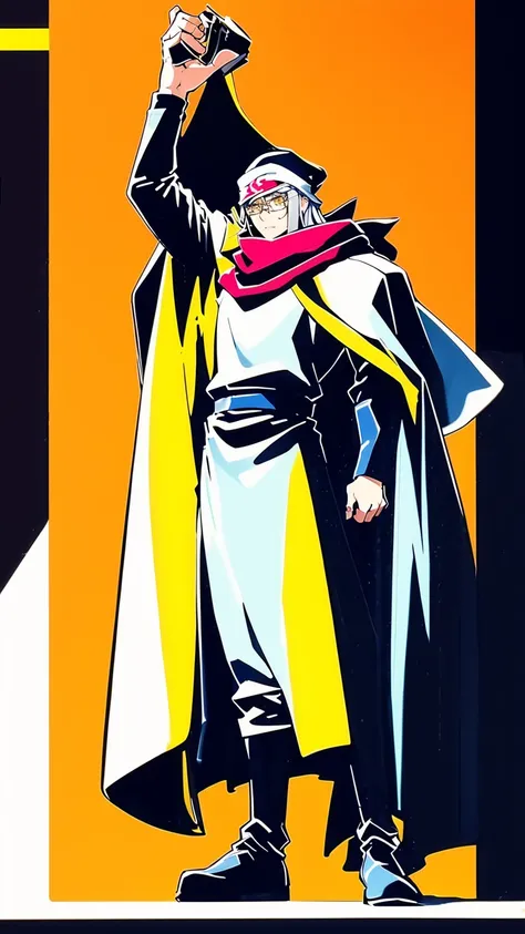 silver hair, long hair, yellow eyes, bandana, militari uniform, cape, tall,scarf, full body, flipflops, 1boy, boots,glasses