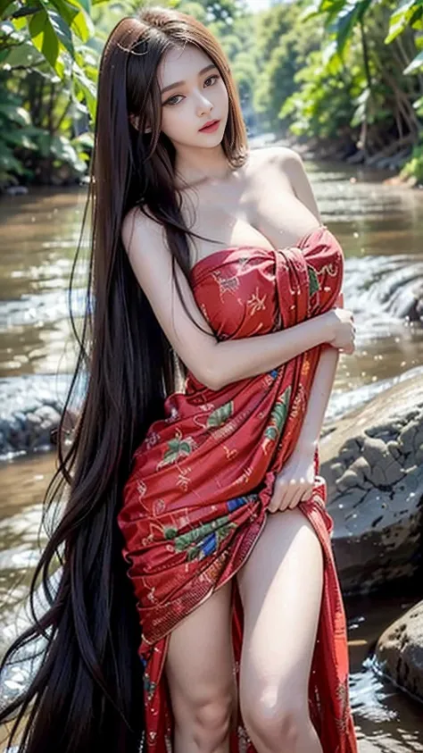 beautiful girl, My hair is three meters long., Beauty that comes from long hair, Every pair of eyes stared at the long hair., Soft and fluffy hair, very long hair, red lips, Huge breasts, Pulling out the outfit., Wear a sarong, Random color sarong, shower,...