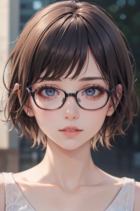 beautiful girl,short hair,glasses,detailed eyes,detailed lips,detailed face,elegant,confident,stylish outfit,vibrant colors,soft lighting,portrait photography,highres,(best quality:1.2),(realistic:1.37)