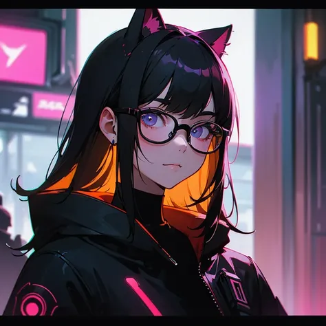 Candid portrait of a cute cat with glasses in the year 2330, cyberpunk, neon lights, 35mm f/2.8