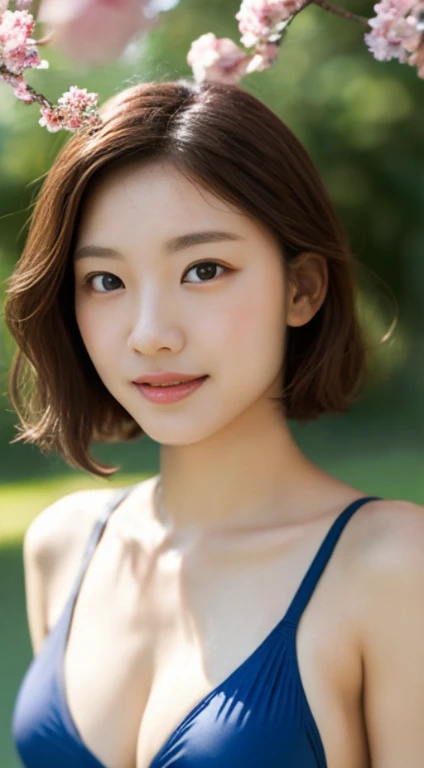 Cherry tree、swimsuit、open chest、I&#39;m not wearing anything inside、whole body、NiziUAYAKA、 ４Ｋ、１people&#39;s women、slender、 Loose wavy styling 、seductive and attractive、Including face and skin texture.，detailed eyes、A soothing expression with a smile