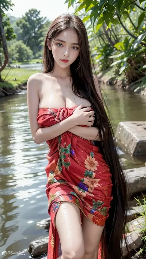 beautiful girl, My hair is three meters long., Beauty that comes from long hair, Every pair of eyes stared at the long hair., Soft and fluffy hair, very long hair, red lips, Huge breasts, Pulling out the outfit., Wear a sarong, Organize the sarong, Random ...