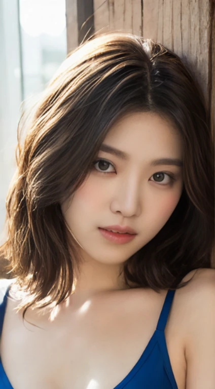 Cherry tree、swimsuit、open chest、I&#39;m not wearing anything inside、whole body、NiziUAYAKA、 ４Ｋ、１people&#39;s women、slender、 Loose wavy styling 、seductive and attractive、Including face and skin texture.，detailed eyes、A soothing expression with a smile