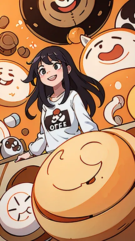 Generate an image 16 feet wide and 4 feet in height including playful doodles and potato faces calling out "hahaha" and some of them smiling and chilling out with coffee, juice and food