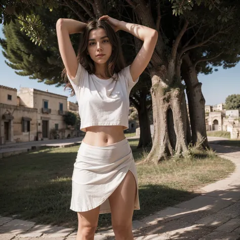 (yes sfw), (((sassi_di_matera))), sofiax in white t-shirt and red skirt standing in front of a tree, (((full body visible))), lo...