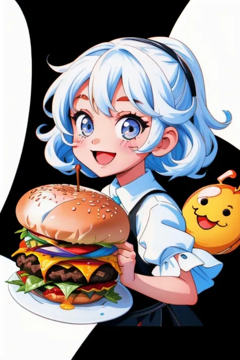 Black background filled with white color doodles of smiley faces and food cute cartoon girl, cute cartoon boy, coffee, burger, french fries, juices flying around the girl and boy