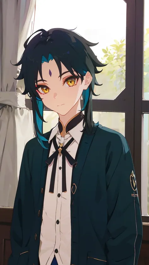 1 boy,dark green hair,highest quality,masterpiece,excessive,male focus,yellow eyes,beautiful eyes,beautiful boy,student,cutter shirt,cardigan,