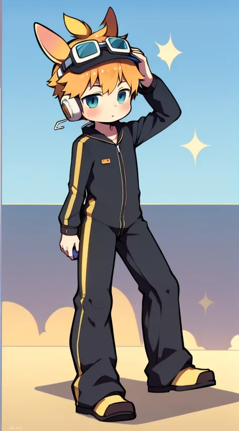 2D boy Shota，jumpsuit，Slim, healthy body，Put the headphones on your head，stand up，goggles，rabbit ears