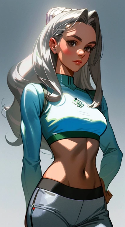 Best quality, masterpiece, portrait, perfect anatomy, flawless, 1woman, solo, sexy, stylish, mature, silver pants, croptop, long hair, feminine, cool, queen, correct female anatomy,