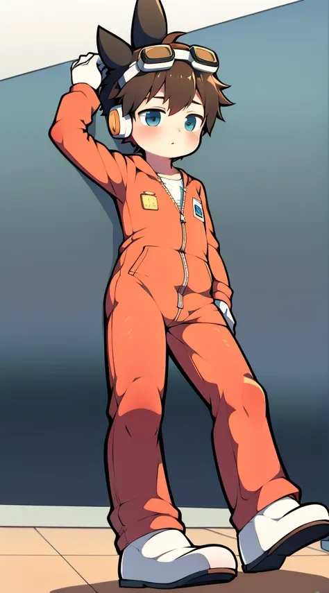 2D boy Shota，jumpsuit，Slim, healthy body，Put the headphones on your head，stand up，goggles，rabbit ears，Pull down the zipper，white socks