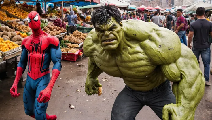 Spiderman is looking for food at the market accompanied by Hulk carrying a chicken