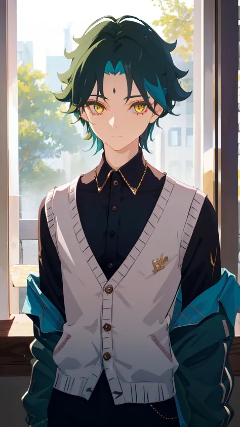 1 boy,dark green hair,highest quality,masterpiece,excessive,male focus,yellow eyes,beautiful eyes,beautiful boy,student,cutter shirt,cardigan,