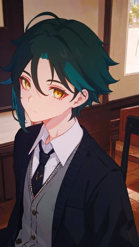 1 boy,dark green hair,highest quality,masterpiece,excessive,male focus,yellow eyes,beautiful eyes,beautiful boy,student,cutter shirt,cardigan,