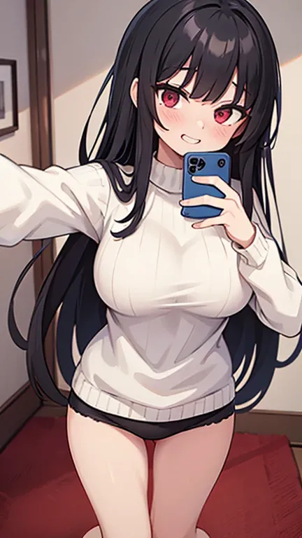 ((highest quality)), ((masterpiece)), (become familiar with), perfect face,black hair,long straight hair,grated bangs,eyes without highlights,Dark red eyes with low saturation,Drooping eyes,grinning,jagged teeth,look down,tall,big breasts,Rubbing your ches...