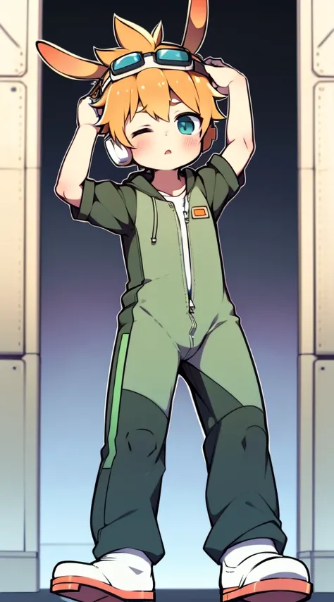 2D boy Shota，jumpsuit，Slim, healthy body，Put the headphones on your head，stand up，goggles，rabbit ears，Pull down the zipper，white socks，Top of crotch