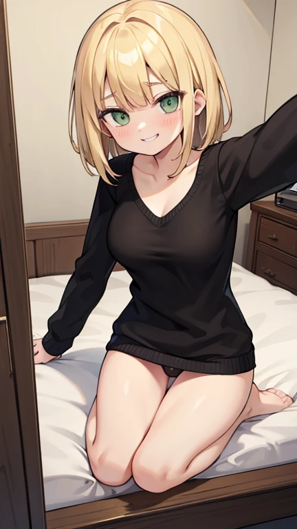 ((highest quality)), ((masterpiece)), (become familiar with), perfect face,blonde,medium hair,grated bangs,eyes without highlights,Desaturated green eyes,Drooping eyes,grinning,look down,tall,big breasts,Rubbing your chest with selfie,The sweater that kill...