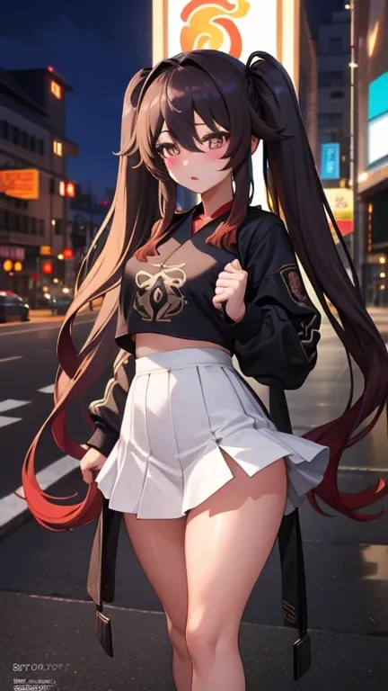 masterpiece, highest quality, fu tao v4, 1 girl, alone, blush, twin tails, long hair, hair between eyes, ((streetwear)), city, o...