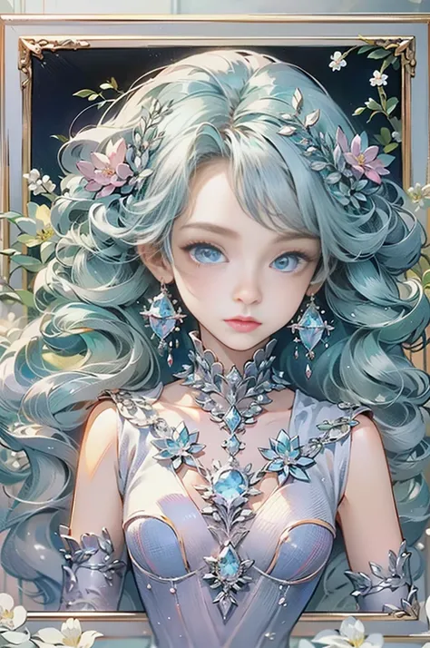 The hair is covered with beautiful and delicate floral craftsmanship, Crystal jewelry filigree， jewelry， and Ultra-detailed details， Beautiful aristocratic girl，Gray hair is elegantly coiled，(((Silvertone)))， golden colored。 Blue and purple clear eyes， cry...