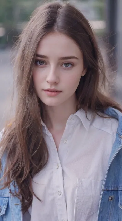 arafed woman with long hair wearing a denim jacket and a white shirt, dilraba dilmurat, ilya kuvshinov with long hair, anna nikonova aka newmilky, high quality portrait, beautiful young girl, natural soft pale skin, beautiful girl model, girl with brown ha...