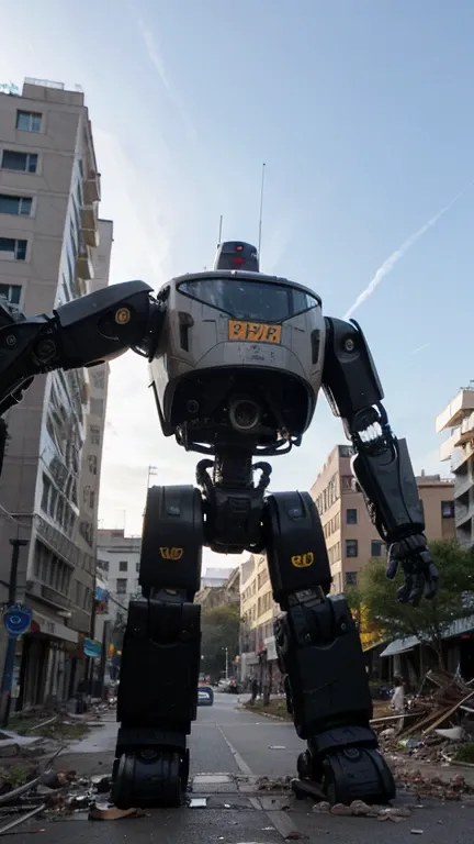 photo of a large robot with a damaged building in the background