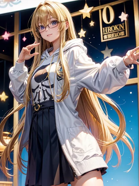 20 year old female、shiny hair quality、beautiful blonde、straight hair、super long hair、Shaggy Hair、Glasses、Glasses美人、dance、ブレイクdance、hoodie、skirt、cute、perfect skeleton